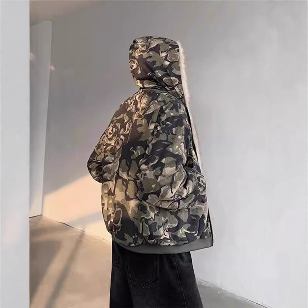 Retro Washed Camouflage Jacket with Fur Collar Thickened Coat