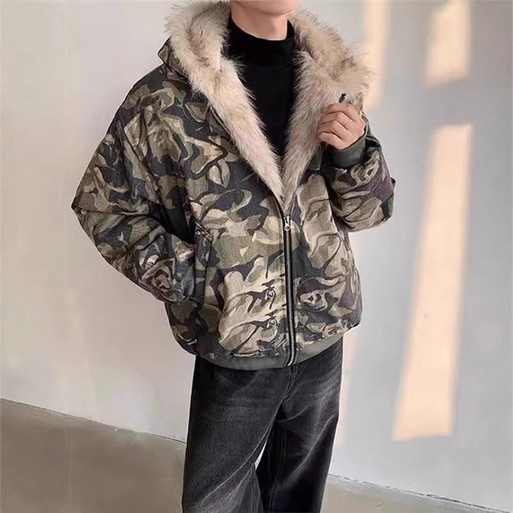 Retro Washed Camouflage Jacket with Fur Collar Thickened Coat