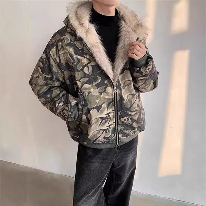 Retro Washed Camouflage Jacket with Fur Collar Thickened Coat