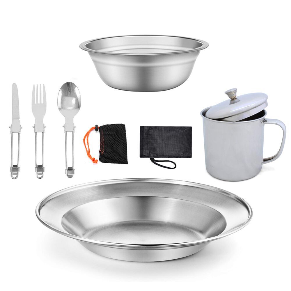 Outdoor Camping Stainless Steel Single Tableware and Water Cup Set