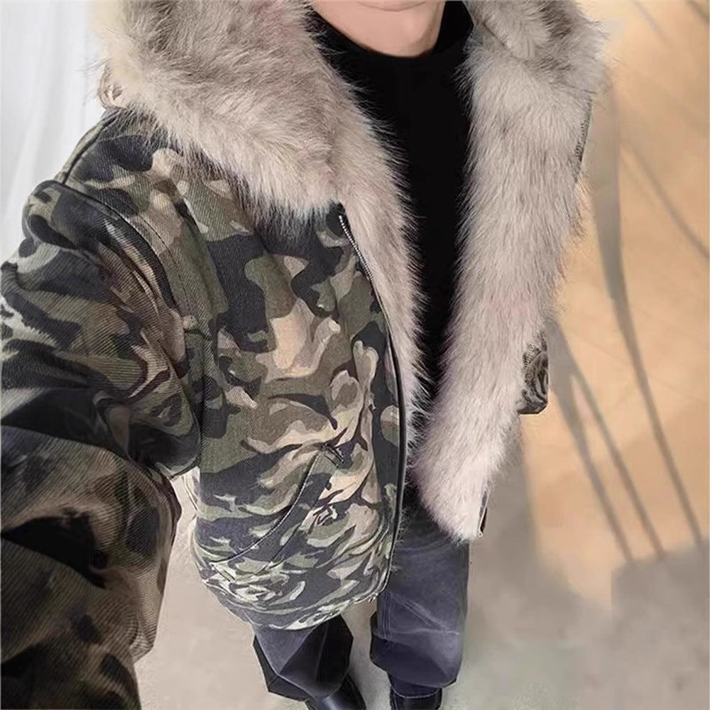 Retro Washed Camouflage Jacket with Fur Collar Thickened Coat