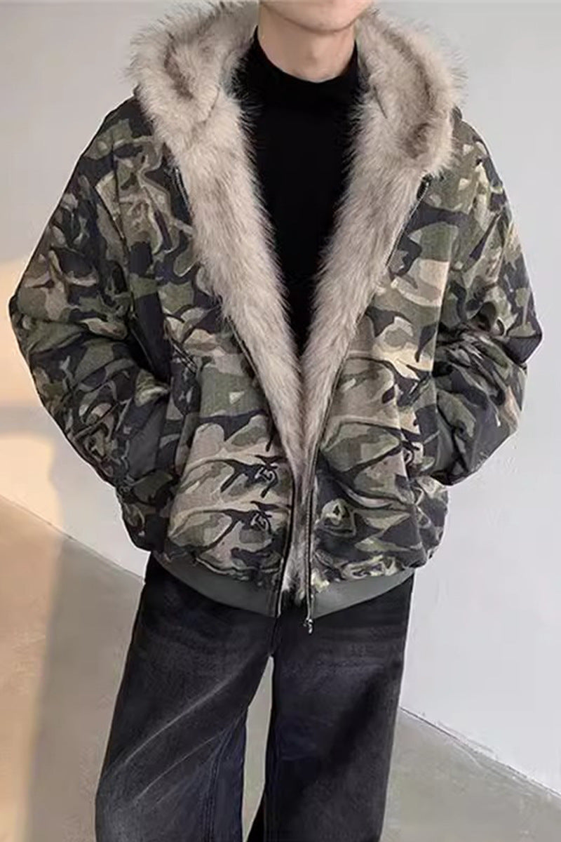 Retro Washed Camouflage Jacket with Fur Collar Thickened Coat