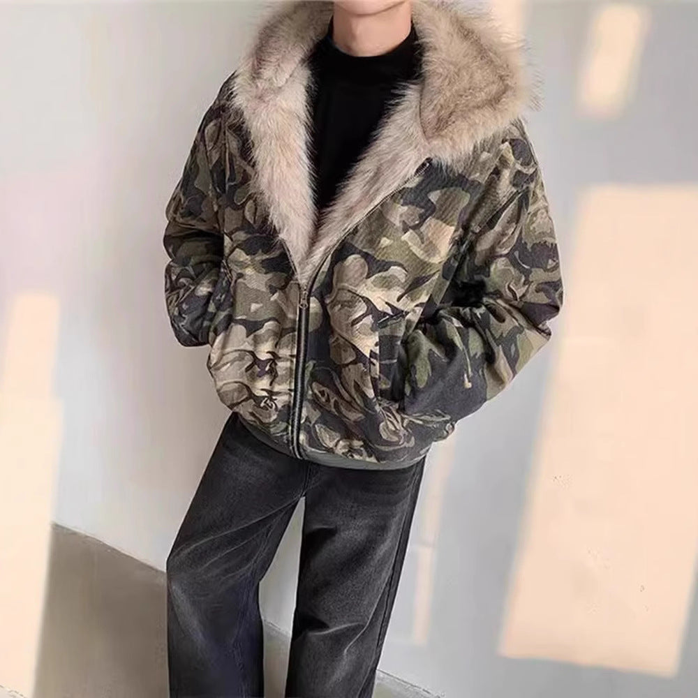 Retro Washed Camouflage Jacket with Fur Collar Thickened Coat