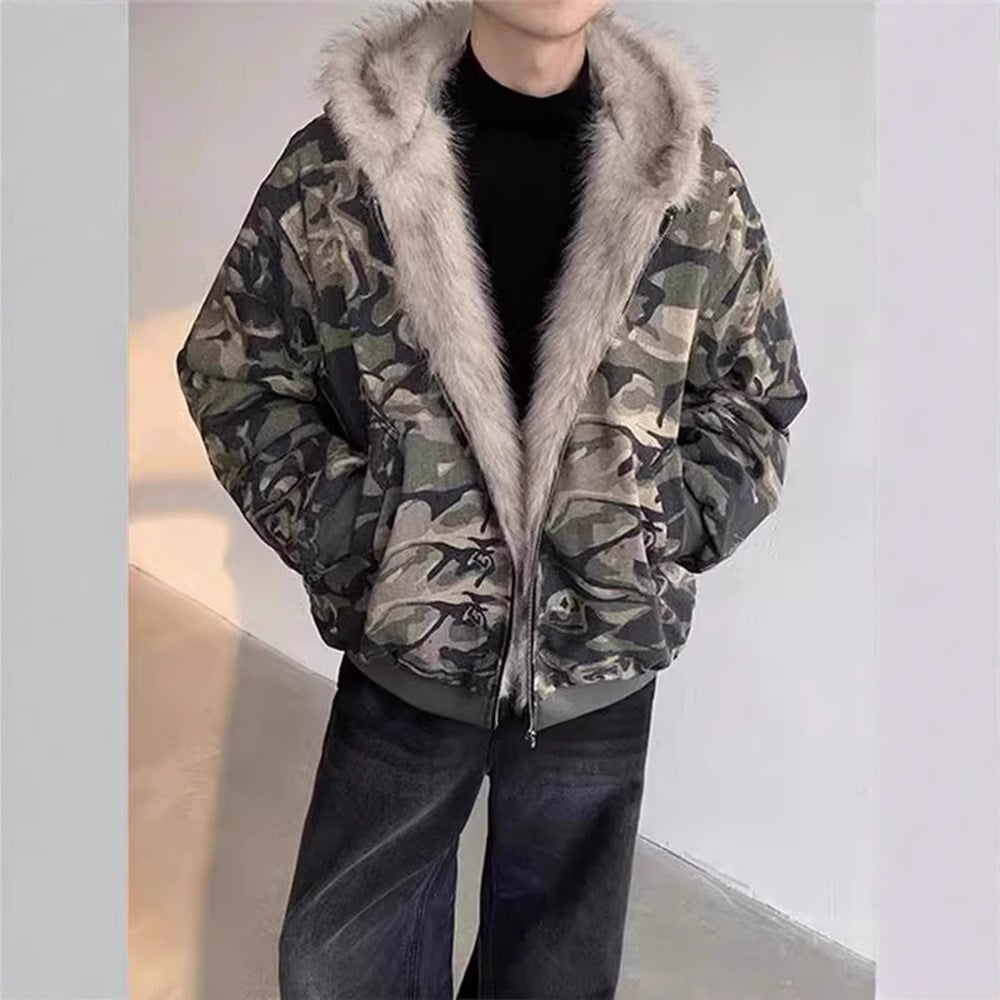 Retro Washed Camouflage Jacket with Fur Collar Thickened Coat